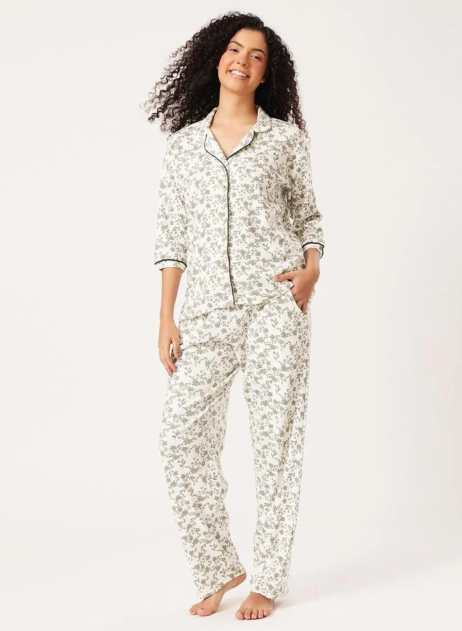 Clovia Floral Button-Down Shirt and Pyjama Set